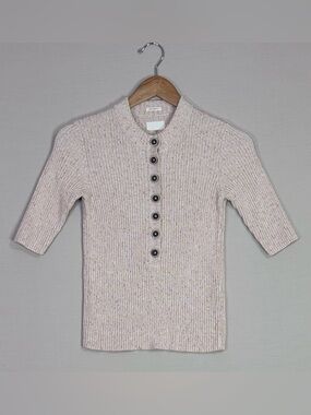 MOTHER Eye Catcher Henley XS Rib Knit Button Top Marshmallow Beige